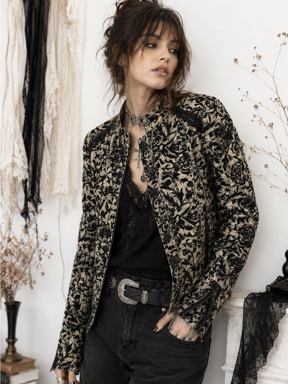 Free People Follow The Flock Moto Jacket 10 Black Floral Jacquard Whimsygoth